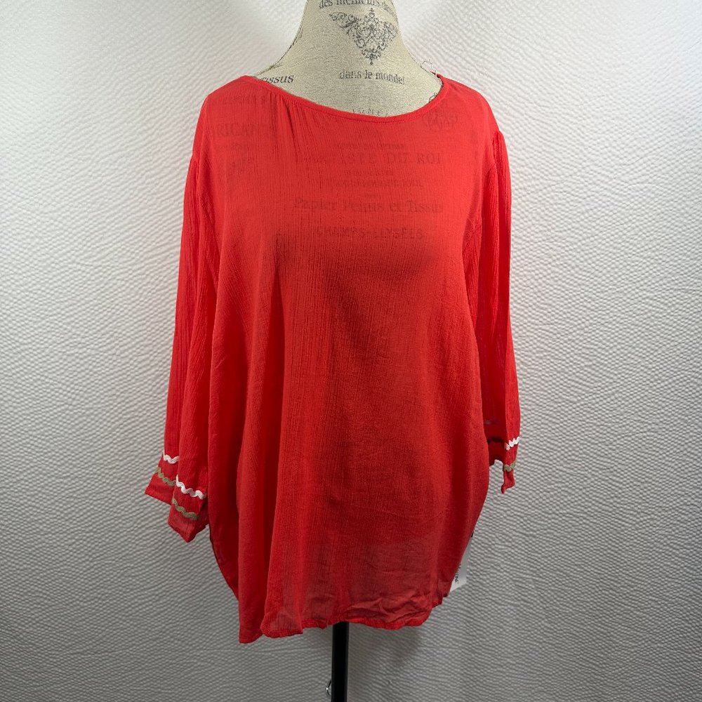 Rebecca Malone Womens Tunic 3X Red Crepe Ric Rac on Sleeves NWT